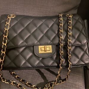 Italian Leather Elegant Black Quilted Chain Bag